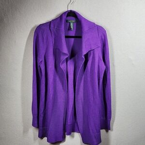 Lauren Ralph Lauren Sweater Womens Medium Purple Open Front Cardigan Knit Drape